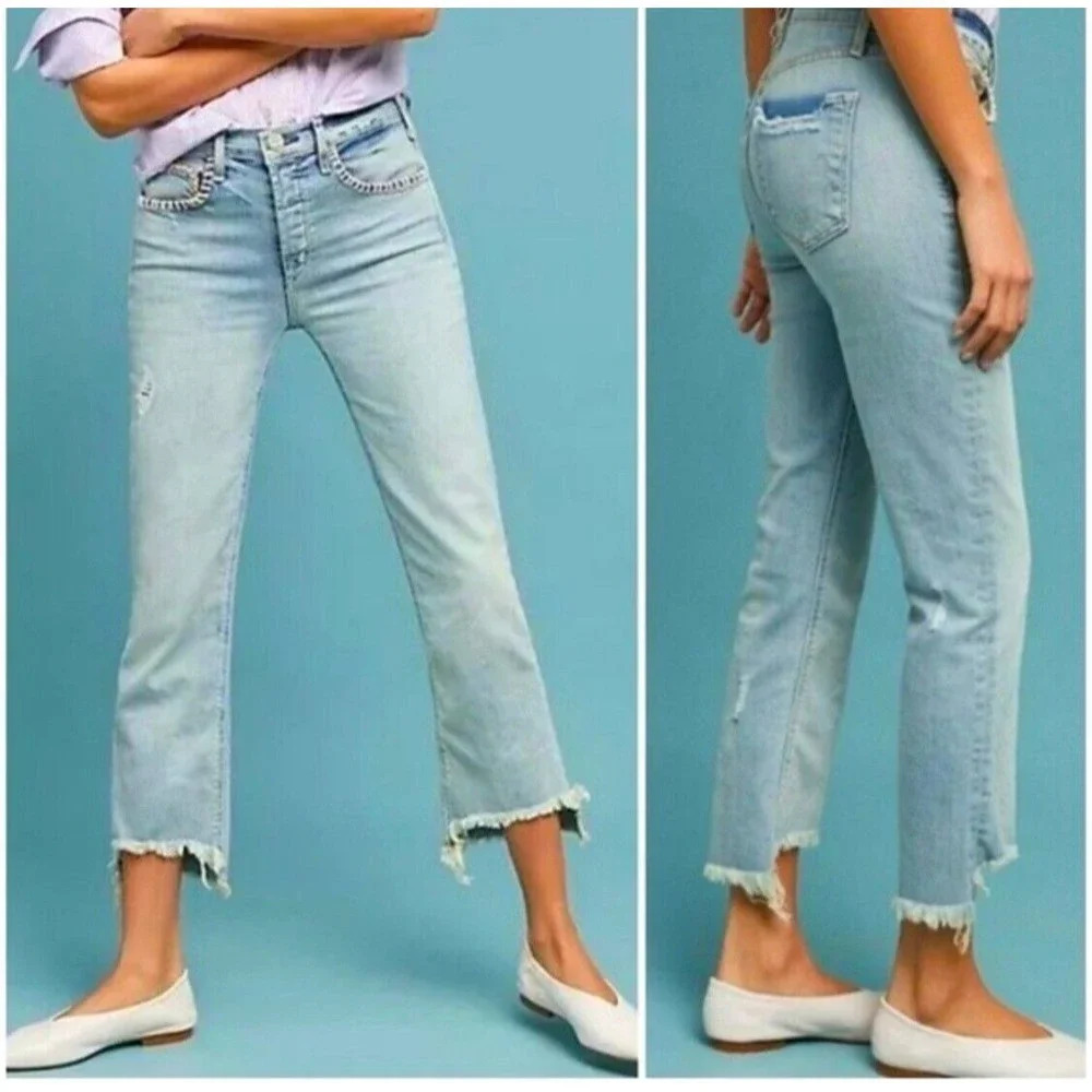 McGuire Jeans Womens 29 Blue Cropped Distressed Light Wash Raw‎ Hem